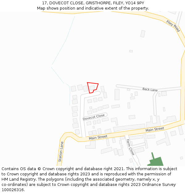 17, DOVECOT CLOSE, GRISTHORPE, FILEY, YO14 9PY: Location map and indicative extent of plot