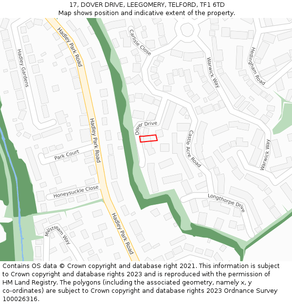 17, DOVER DRIVE, LEEGOMERY, TELFORD, TF1 6TD: Location map and indicative extent of plot