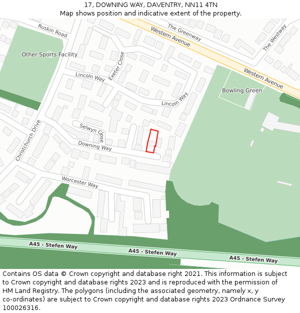 17, DOWNING WAY, DAVENTRY, NN11 4TN: Location map and indicative extent of plot