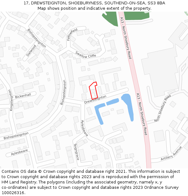 17, DREWSTEIGNTON, SHOEBURYNESS, SOUTHEND-ON-SEA, SS3 8BA: Location map and indicative extent of plot