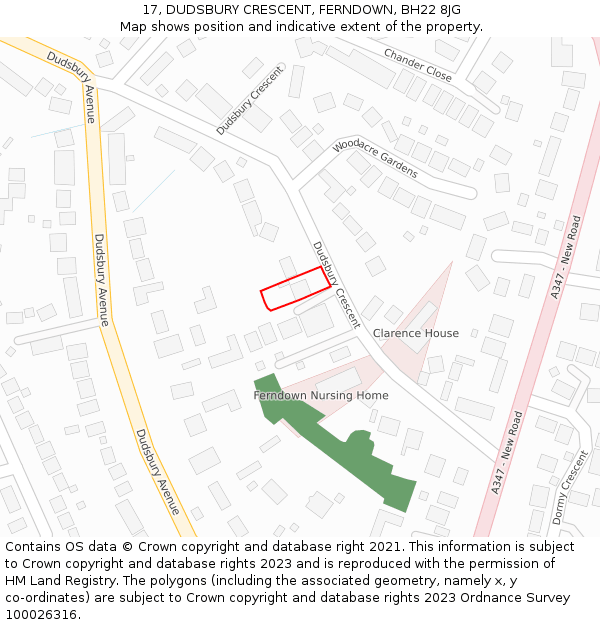 17, DUDSBURY CRESCENT, FERNDOWN, BH22 8JG: Location map and indicative extent of plot