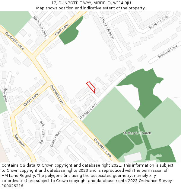 17, DUNBOTTLE WAY, MIRFIELD, WF14 9JU: Location map and indicative extent of plot
