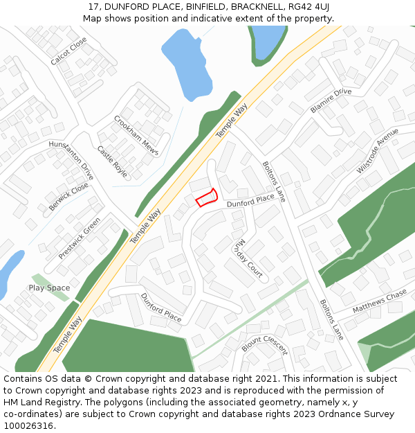 17, DUNFORD PLACE, BINFIELD, BRACKNELL, RG42 4UJ: Location map and indicative extent of plot