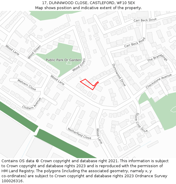 17, DUNNIWOOD CLOSE, CASTLEFORD, WF10 5EX: Location map and indicative extent of plot