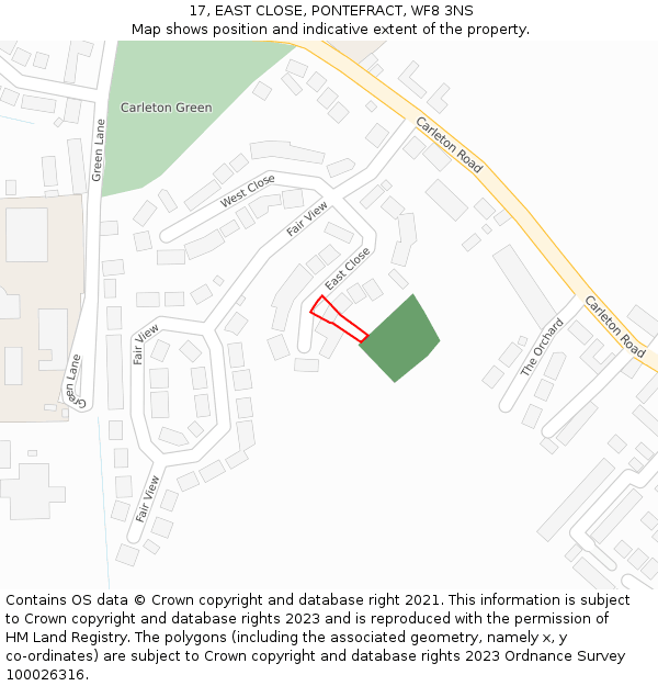 17, EAST CLOSE, PONTEFRACT, WF8 3NS: Location map and indicative extent of plot