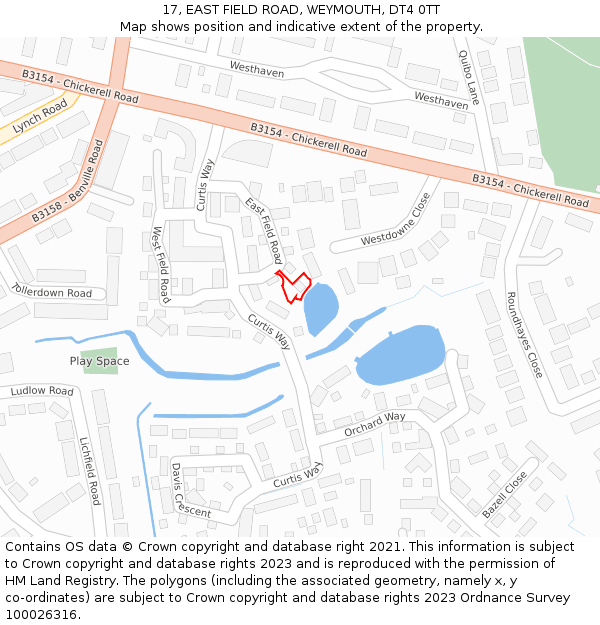 17, EAST FIELD ROAD, WEYMOUTH, DT4 0TT: Location map and indicative extent of plot