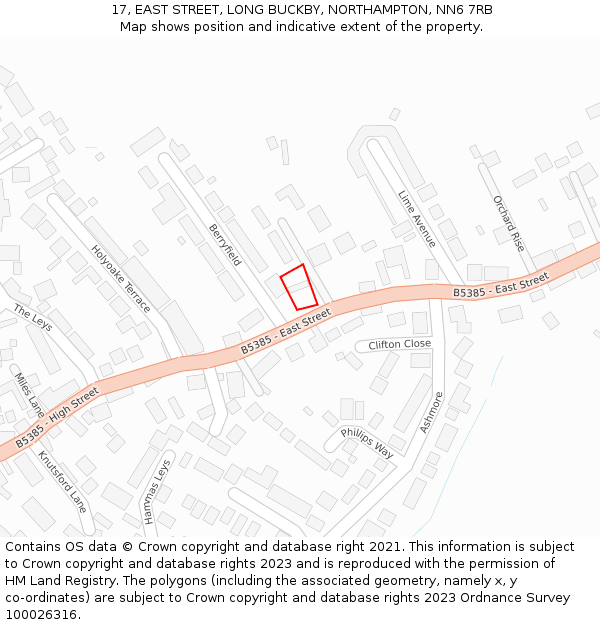 17, EAST STREET, LONG BUCKBY, NORTHAMPTON, NN6 7RB: Location map and indicative extent of plot