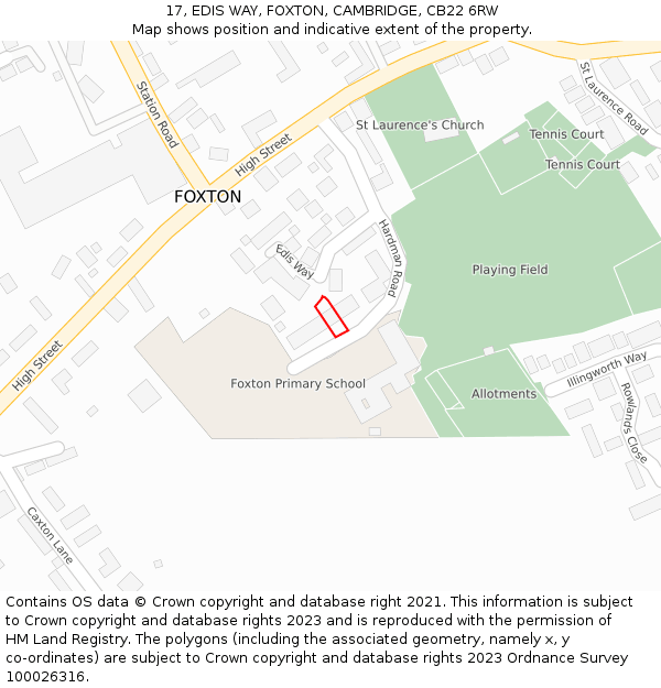 17, EDIS WAY, FOXTON, CAMBRIDGE, CB22 6RW: Location map and indicative extent of plot