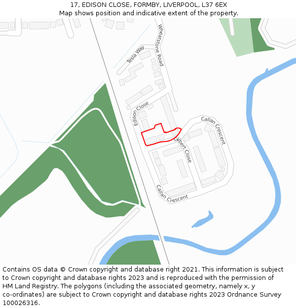 17, EDISON CLOSE, FORMBY, LIVERPOOL, L37 6EX: Location map and indicative extent of plot