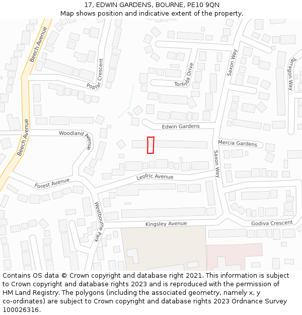 17, EDWIN GARDENS, BOURNE, PE10 9QN: Location map and indicative extent of plot