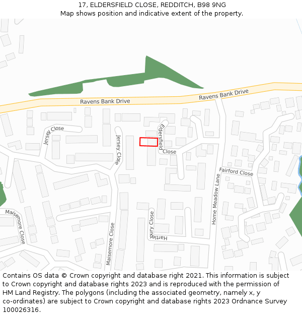 17, ELDERSFIELD CLOSE, REDDITCH, B98 9NG: Location map and indicative extent of plot