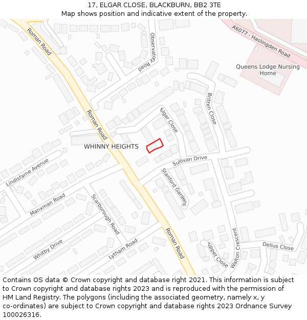 17, ELGAR CLOSE, BLACKBURN, BB2 3TE: Location map and indicative extent of plot