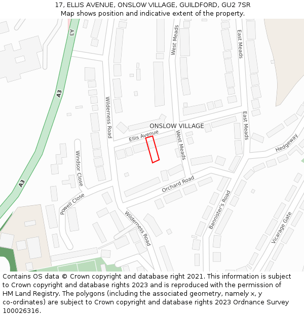 17, ELLIS AVENUE, ONSLOW VILLAGE, GUILDFORD, GU2 7SR: Location map and indicative extent of plot