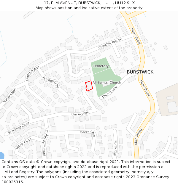 17, ELM AVENUE, BURSTWICK, HULL, HU12 9HX: Location map and indicative extent of plot