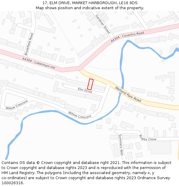 17, ELM DRIVE, MARKET HARBOROUGH, LE16 9DS: Location map and indicative extent of plot