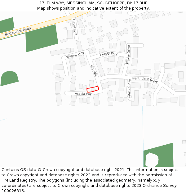 17, ELM WAY, MESSINGHAM, SCUNTHORPE, DN17 3UR: Location map and indicative extent of plot