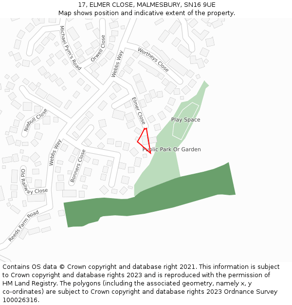 17, ELMER CLOSE, MALMESBURY, SN16 9UE: Location map and indicative extent of plot