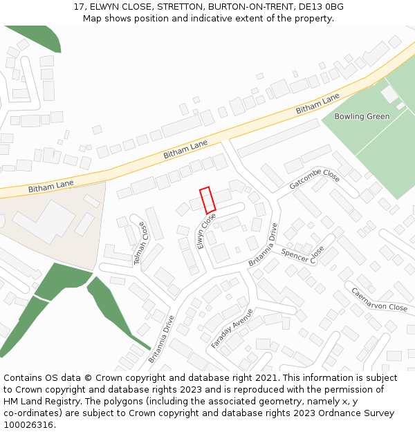 17, ELWYN CLOSE, STRETTON, BURTON-ON-TRENT, DE13 0BG: Location map and indicative extent of plot