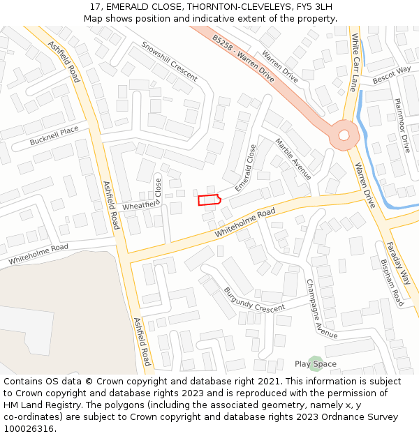 17, EMERALD CLOSE, THORNTON-CLEVELEYS, FY5 3LH: Location map and indicative extent of plot