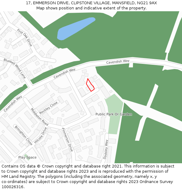 17, EMMERSON DRIVE, CLIPSTONE VILLAGE, MANSFIELD, NG21 9AX: Location map and indicative extent of plot