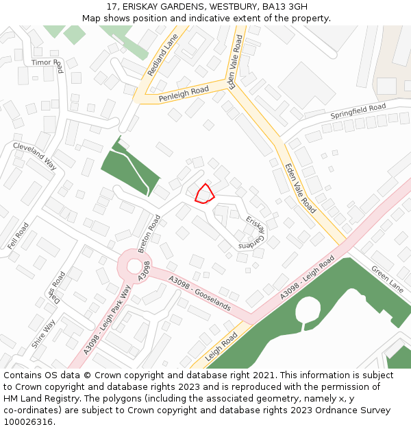 17, ERISKAY GARDENS, WESTBURY, BA13 3GH: Location map and indicative extent of plot