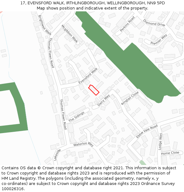 17, EVENSFORD WALK, IRTHLINGBOROUGH, WELLINGBOROUGH, NN9 5PD: Location map and indicative extent of plot