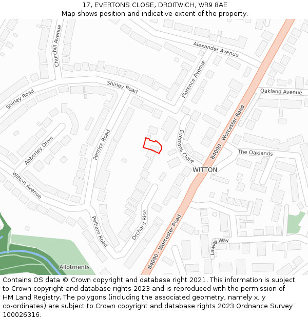 17, EVERTONS CLOSE, DROITWICH, WR9 8AE: Location map and indicative extent of plot