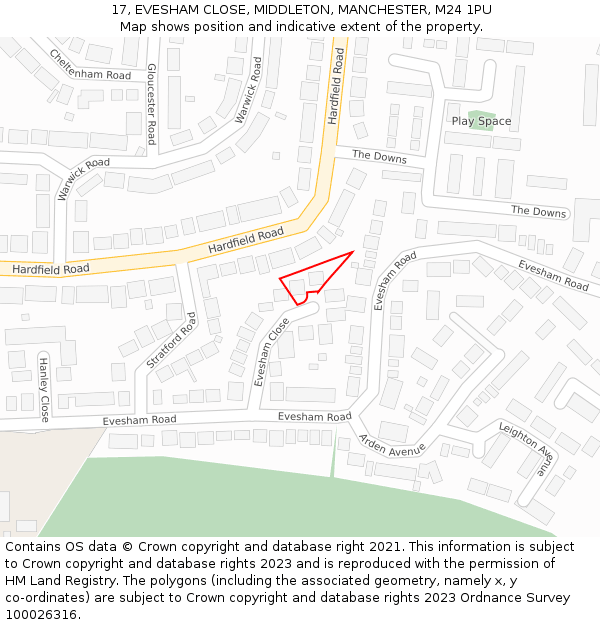 17, EVESHAM CLOSE, MIDDLETON, MANCHESTER, M24 1PU: Location map and indicative extent of plot