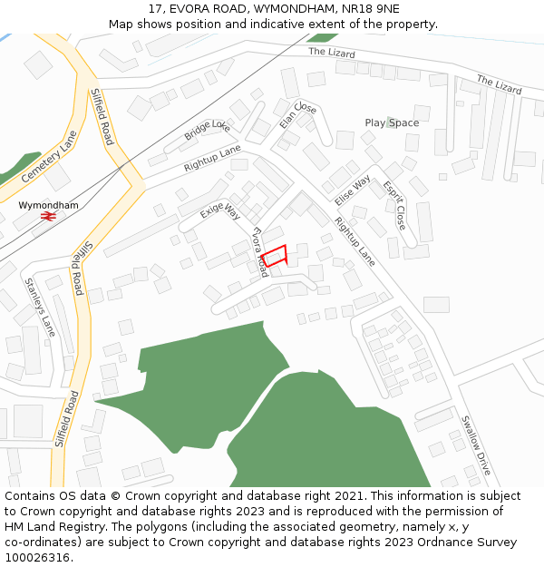 17, EVORA ROAD, WYMONDHAM, NR18 9NE: Location map and indicative extent of plot