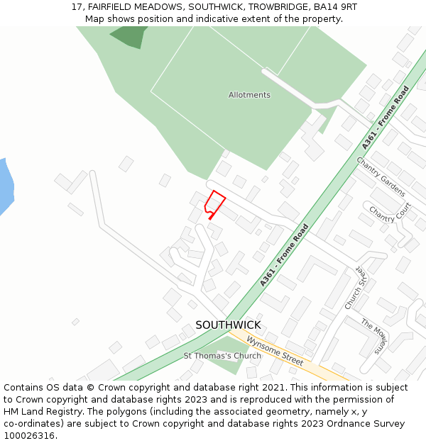 17, FAIRFIELD MEADOWS, SOUTHWICK, TROWBRIDGE, BA14 9RT: Location map and indicative extent of plot
