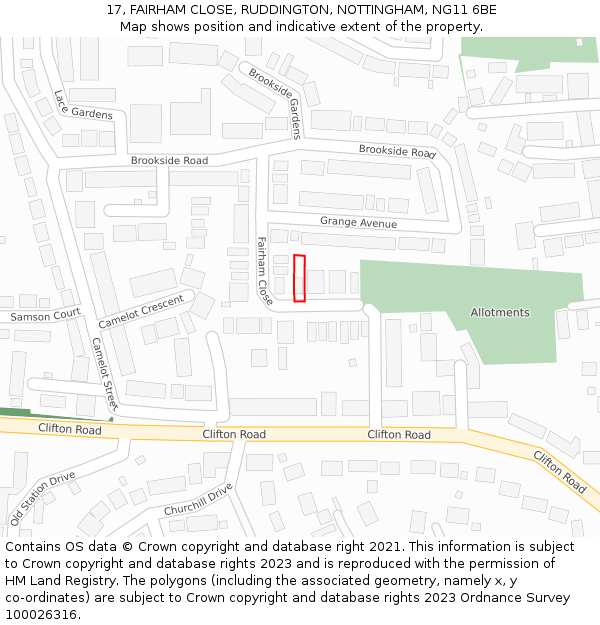 17, FAIRHAM CLOSE, RUDDINGTON, NOTTINGHAM, NG11 6BE: Location map and indicative extent of plot