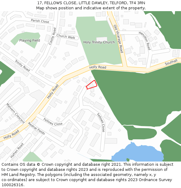 17, FELLOWS CLOSE, LITTLE DAWLEY, TELFORD, TF4 3RN: Location map and indicative extent of plot