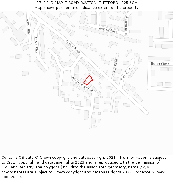 17, FIELD MAPLE ROAD, WATTON, THETFORD, IP25 6GA: Location map and indicative extent of plot