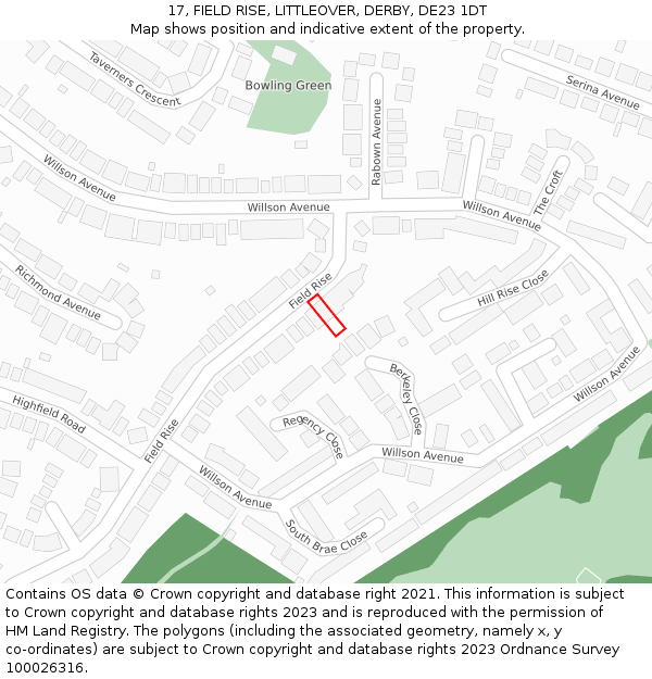 17, FIELD RISE, LITTLEOVER, DERBY, DE23 1DT: Location map and indicative extent of plot