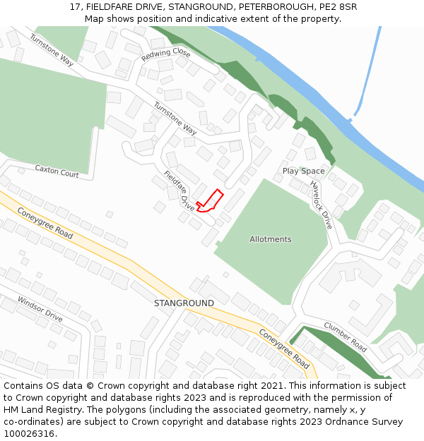 17, FIELDFARE DRIVE, STANGROUND, PETERBOROUGH, PE2 8SR: Location map and indicative extent of plot