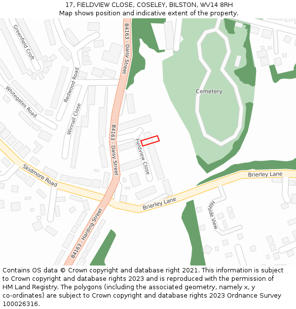 17, FIELDVIEW CLOSE, COSELEY, BILSTON, WV14 8RH: Location map and indicative extent of plot