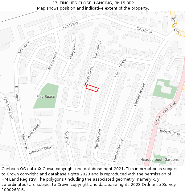 17, FINCHES CLOSE, LANCING, BN15 8PP: Location map and indicative extent of plot