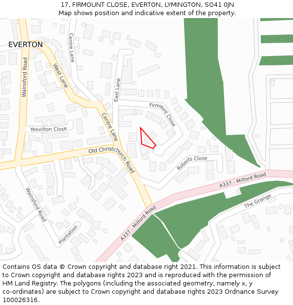 17, FIRMOUNT CLOSE, EVERTON, LYMINGTON, SO41 0JN: Location map and indicative extent of plot