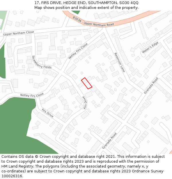 17, FIRS DRIVE, HEDGE END, SOUTHAMPTON, SO30 4QQ: Location map and indicative extent of plot