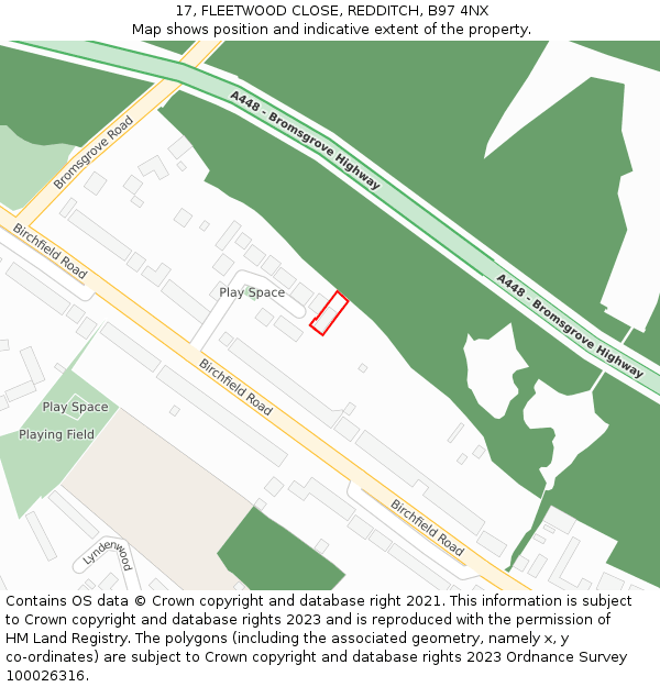 17, FLEETWOOD CLOSE, REDDITCH, B97 4NX: Location map and indicative extent of plot