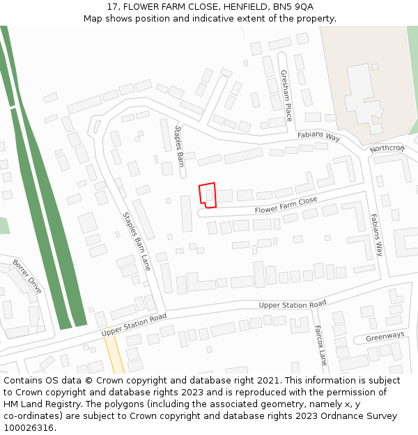 17, FLOWER FARM CLOSE, HENFIELD, BN5 9QA: Location map and indicative extent of plot