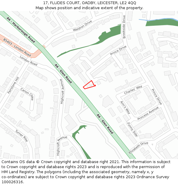 17, FLUDES COURT, OADBY, LEICESTER, LE2 4QQ: Location map and indicative extent of plot