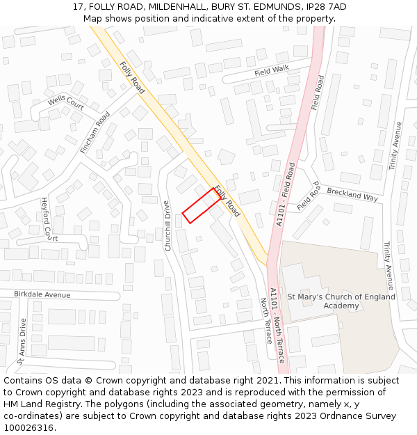 17, FOLLY ROAD, MILDENHALL, BURY ST. EDMUNDS, IP28 7AD: Location map and indicative extent of plot