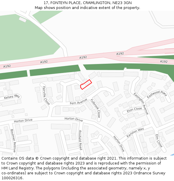 17, FONTEYN PLACE, CRAMLINGTON, NE23 3GN: Location map and indicative extent of plot