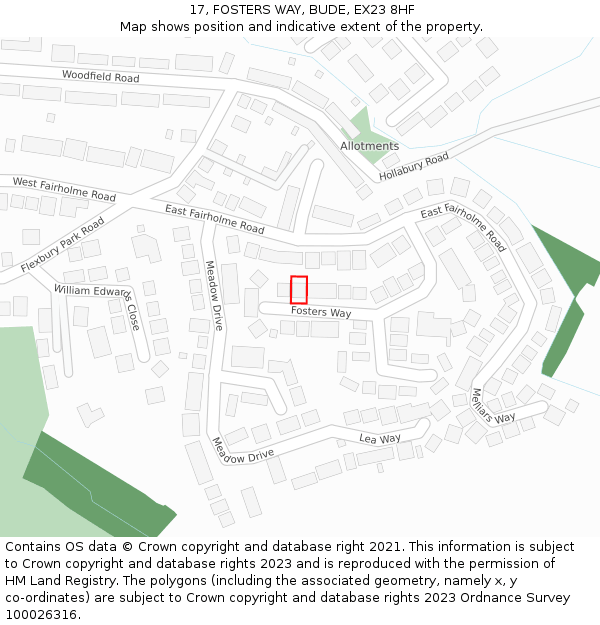 17, FOSTERS WAY, BUDE, EX23 8HF: Location map and indicative extent of plot