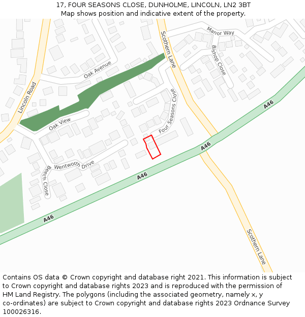 17, FOUR SEASONS CLOSE, DUNHOLME, LINCOLN, LN2 3BT: Location map and indicative extent of plot