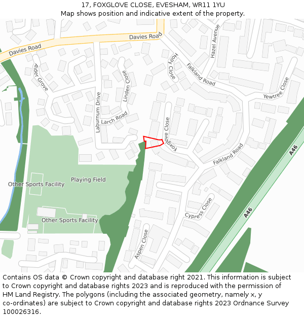 17, FOXGLOVE CLOSE, EVESHAM, WR11 1YU: Location map and indicative extent of plot