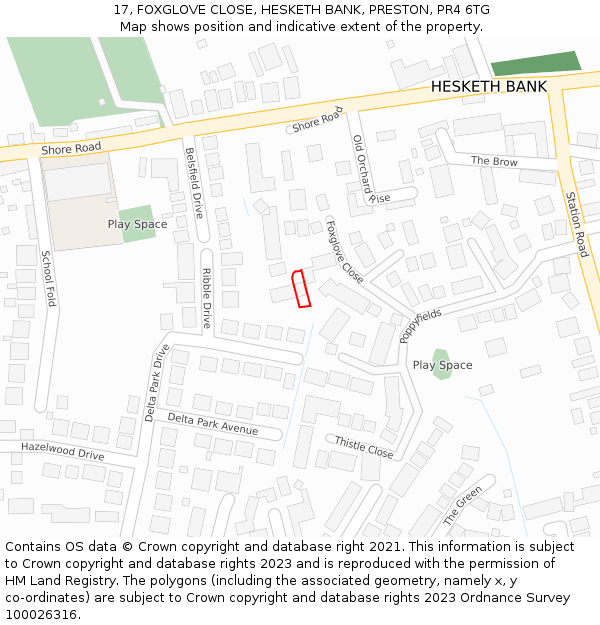 17, FOXGLOVE CLOSE, HESKETH BANK, PRESTON, PR4 6TG: Location map and indicative extent of plot