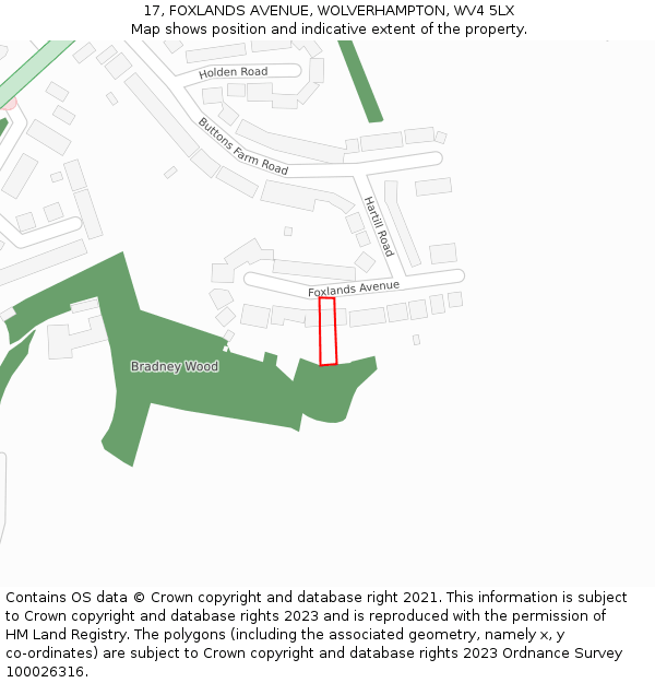 17, FOXLANDS AVENUE, WOLVERHAMPTON, WV4 5LX: Location map and indicative extent of plot