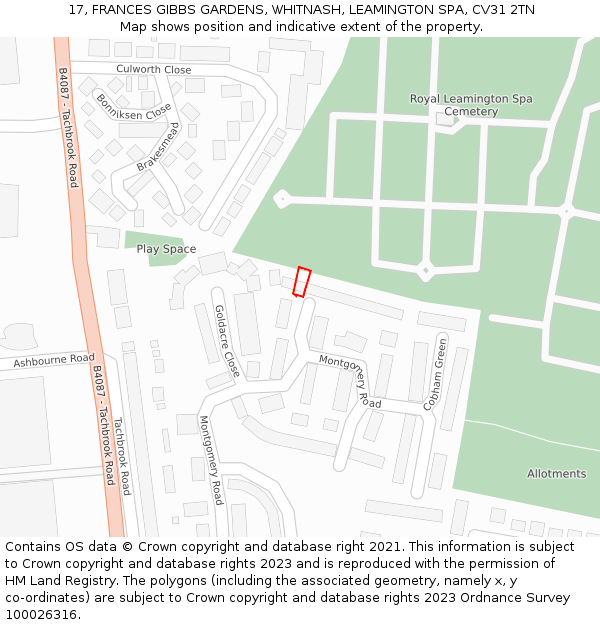 17, FRANCES GIBBS GARDENS, WHITNASH, LEAMINGTON SPA, CV31 2TN: Location map and indicative extent of plot